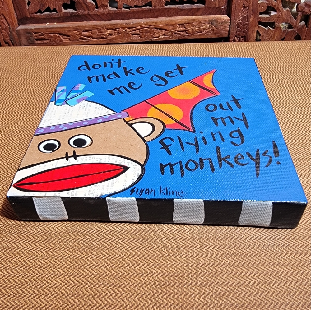 Susan Kline Original Painting With Sock Monkey, Flying Monkey, 6 in x 6 in